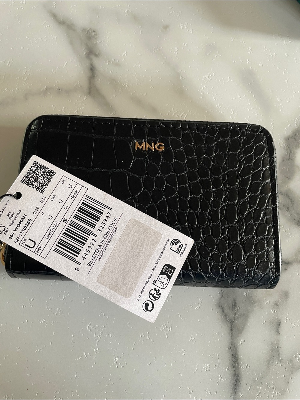 Mango Black Croc-Embossed Zip Wallet with Gold Accents